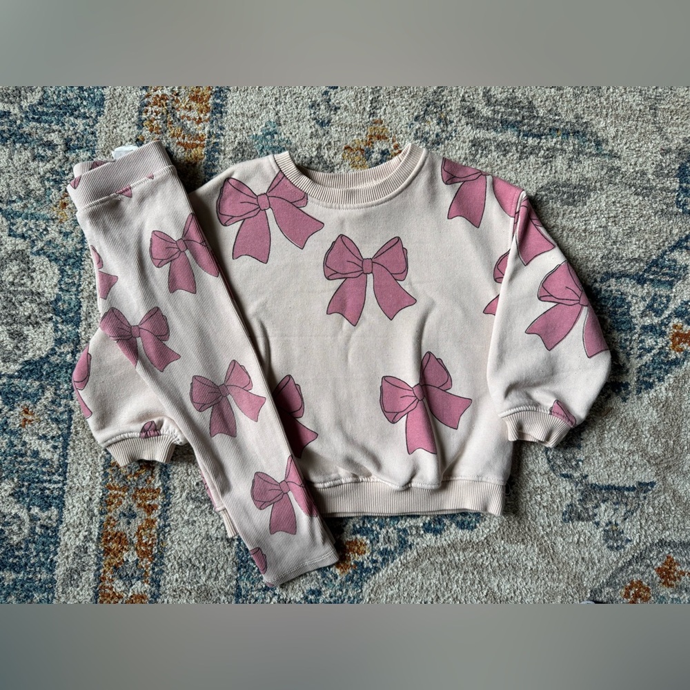 Zara Pink Bow Patterned Sweater and Pants Set
